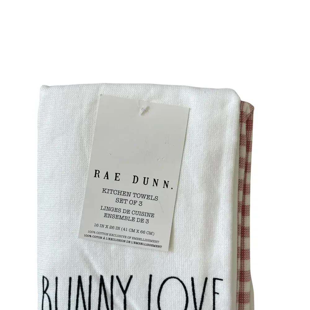 Rae Dunn Cotton Kitchen Towels BUNNY LOVE Easter Rabbit Spring Set of 3 NEW